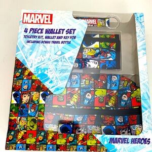 Marvel wallet, key fob, toiletry kit & travel bottle set NEW! 4 set